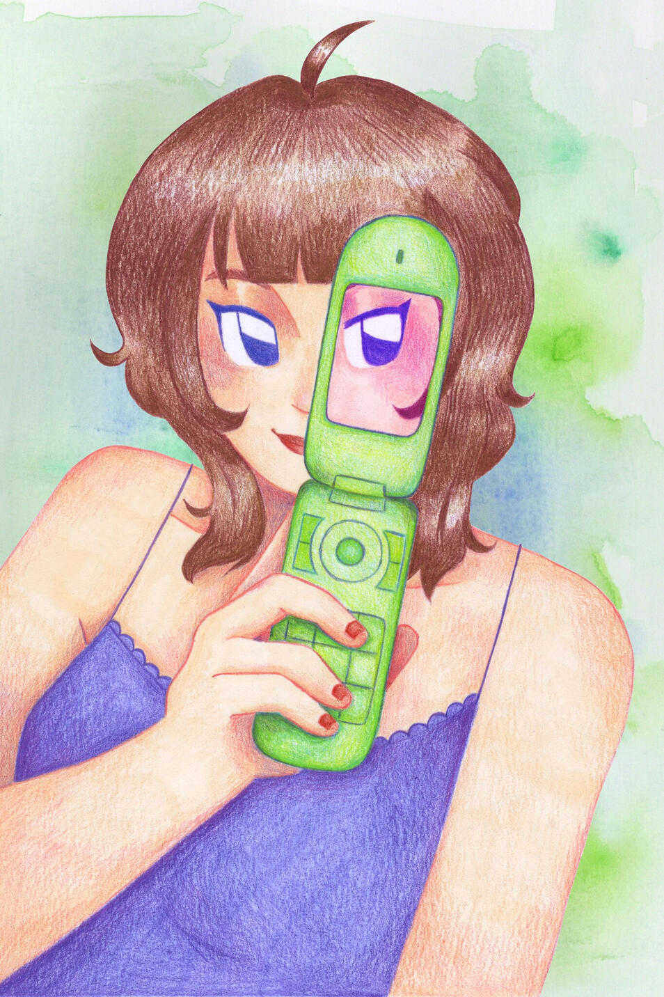 "Flip Phone", Colored pencil, Watercolor